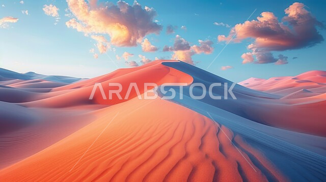 التشكلات و التكوينات الرملية في صحراء المملكة العربية السعودية، المرتفعات و التضاريس والقمم الجبلية في البراري، التلال و الهضاب من الرمال الناعمة الذهبية، مناطق البادية والبيئة الطبيعية الصحراوية في وقت النهار ,خلفية الطبيعة