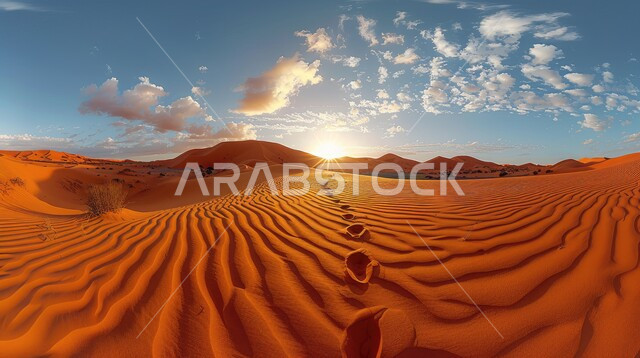 مناطق البادية والبيئة الطبيعية الصحراوية في وقت النهار ,الهضاب و التلال من الرمال الناعمة الذهبية، التشكلات و التكوينات الرملية في صحراء المملكة العربية السعودية، المرتفعات و التضاريس والقمم الجبلية في البراري، خلفية الطبيعة
