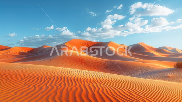 الهضاب و التلال من الرمال الناعمة الذهبية، التشكلات و التكوينات الرملية في صحراء المملكة العربية السعودية، المرتفعات و التضاريس والقمم الجبلية في البراري، مناطق البادية والبيئة الطبيعية الصحراوية في وقت النهار ,خلفية الطبيعة
