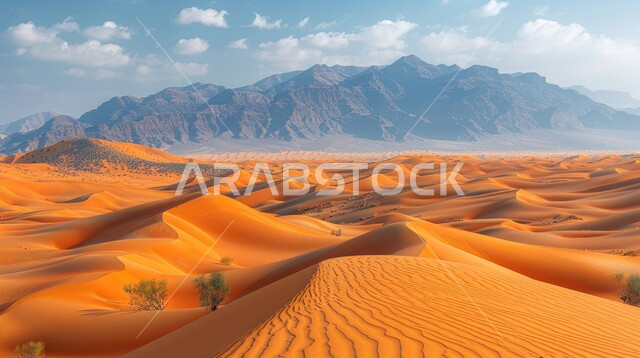 التلال و الهضاب من الرمال الناعمة الذهبية، التشكلات و التكوينات الرملية في صحراء المملكة العربية السعودية، المرتفعات و التضاريس والقمم الجبلية في البراري، مناطق البادية والبيئة الطبيعية الصحراوية في وقت النهار ,خلفية الطبيعة