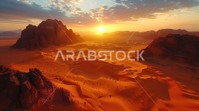 التكوينات و التشكيلات الصخرية في صحراء المملكة العربية السعودية، المرتفعات و التضاريس والقمم الجبلية في البراري وقت غروب الشمس، مناطق البادية والبيئة الطبيعية الصحراوية ,الهضاب و التلال من الرمال الناعمة الذهبية، خلفية الطبيعة