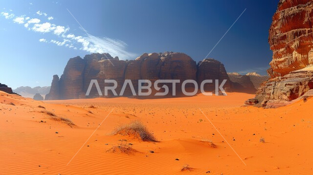 التكوينات و التشكيلات الصخرية في صحراء المملكة العربية السعودية، مناطق البادية والبيئة الطبيعية الصحراوية في وقت النهار ,الهضاب و التلال من الرمال الناعمة الذهبية، المرتفعات و التضاريس والقمم الجبلية في البراري، خلفية الطبيعة