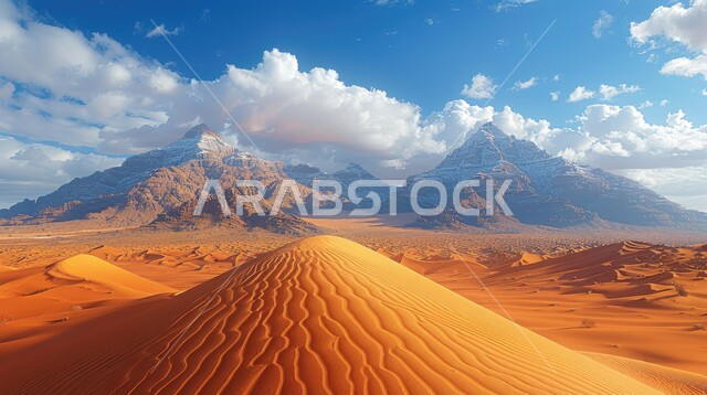 الهضاب و التلال من الرمال الناعمة الذهبية، التشكلات و التكوينات الرملية في صحراء المملكة العربية السعودية، المرتفعات و التضاريس والقمم الجبلية في البراري، مناطق البادية والبيئة الطبيعية الصحراوية في وقت النهار ,خلفية الطبيعة