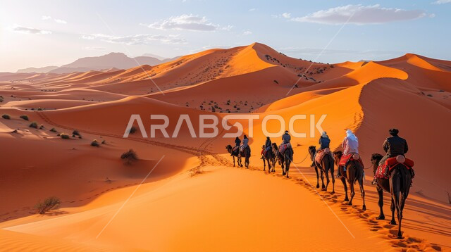 مفهوم السفر قديما, مناطق البادية والبيئة الطبيعية الصحراوية، الحياة البدوية الشعبية والتنقل على ظهر الإبل، قافلة من الجمال تسير على الكثبان الرملية في الصحراء, خلفية الهضاب و التلال الرملية