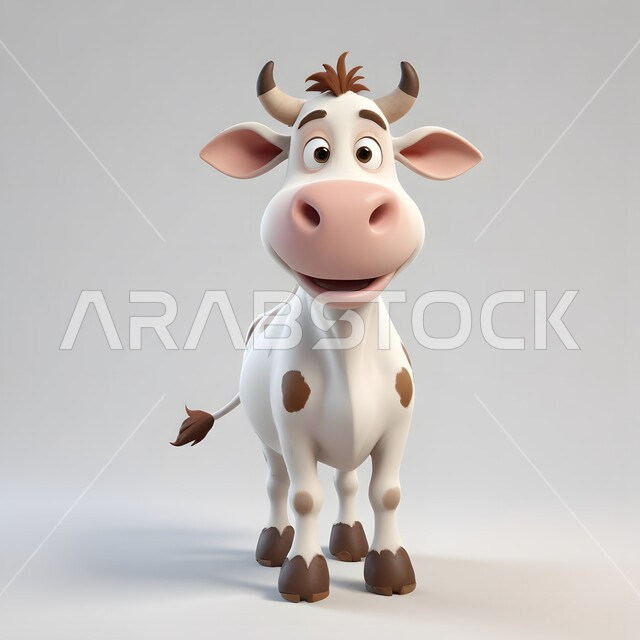 حيوانات أليفة ومفيدة، رسوم كرتونية ثلاثية الأبعاد لبقرة صغيرة لطيفة، قربان وأضاحي عيد الأضحى المبارك, تربية المواشي والثديات في المحميات الطبيعيه، الاحتفال بالأعياد والمناسبات الدينية الاسلامية، خلفية بيضاء
