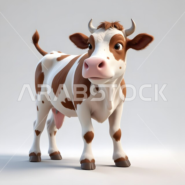 قربان وأضاحي عيد الأضحى المبارك, حيوانات أليفة ومفيدة، رسوم كرتونية ثلاثية الأبعاد لبقرة صغيرة لطيفة، تربية المواشي والثديات في المحميات الطبيعيه، الاحتفال بالأعياد والمناسبات الدينية الاسلامية، خلفية بيضاء
