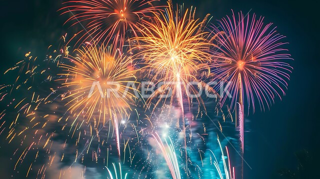 الاحتفال بذكرى العيد الوطني السعودي 23 سبتمبر، مهرجانات واحتفالات في المملكة العربية السعودية, المفرقعات الملونة والالعاب النارية في السماء ليلا, الأعياد والمناسبات الاسلامية السعيدة