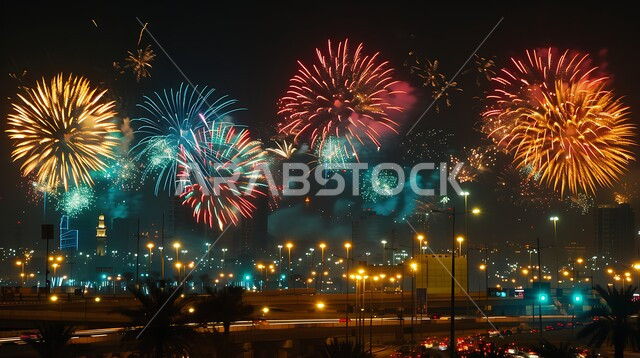 مهرجانات واحتفالات في المملكة العربية السعودية, المفرقعات الملونة والالعاب النارية في السماء ليلا, الاحتفال بذكرى العيد الوطني السعودي 23 سبتمبر، الأعياد والمناسبات الاسلامية السعيدة