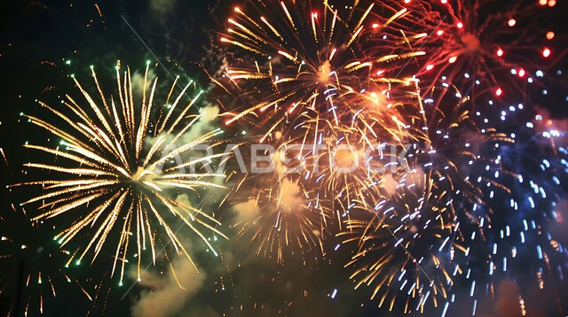 احتفالات ومهرجانات في المملكة العربية السعودية, المفرقعات الملونة والالعاب النارية في السماء ليلا, الاحتفال بذكرى العيد الوطني السعودي 23 سبتمبر، الأعياد والمناسبات الاسلامية السعيدة