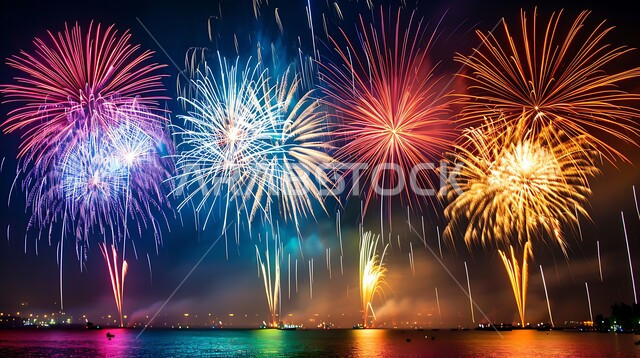 Colorful fireworks and fireworks in the night sky, celebrations and festivals in Saudi Arabia, celebrating the Saudi National Day on September 23, happy Islamic holidays and occasions