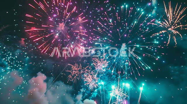 الالعاب النارية والمفرقعات الملونة في السماء ليلا, احتفالات ومهرجانات في المملكة العربية السعودية, الاحتفال بذكرى العيد الوطني السعودي 23 سبتمبر، الأعياد والمناسبات الاسلامية السعيدة