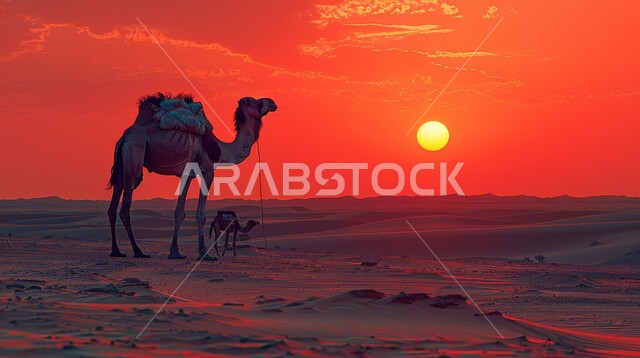 The authenticity of the Saudi Arabian camel, caring for livestock and mammals, a purebred Arabian camel standing in the desert at sunset, raising camels and taking care of them, the life of camels in the desert environment, soft golden sand