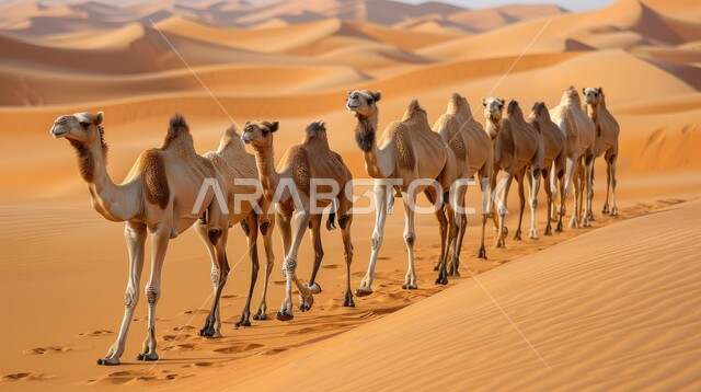 A caravan of camels walking over sand dunes in the desert, landscapes and soft golden sand, moving in the deserts of the Kingdom of Saudi Arabia using a camel during the day, desert tourist places, nature background