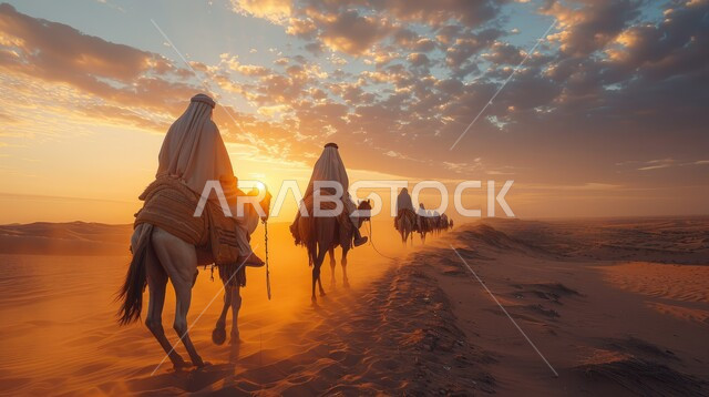 المناظر الطبيعية والرمال الذهبية الناعمة، التنقل في صحارى المملكة العربية السعودية باستخدام حيوان الجمل وقت غروب الشمس، قافلة من الإبل تسير فوق الكثبان الرملية في الصحراء، أماكن سياحية صحراوية, خلفية الطبيعه