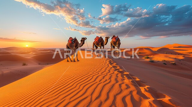 التنقل في صحارى المملكة العربية السعودية باستخدام حيوان الجمل وقت غروب الشمس، قافلة من الإبل تسير فوق الكثبان الرملية في الصحراء، المناظر الطبيعية والرمال الذهبية الناعمة، أماكن سياحية صحراوية
