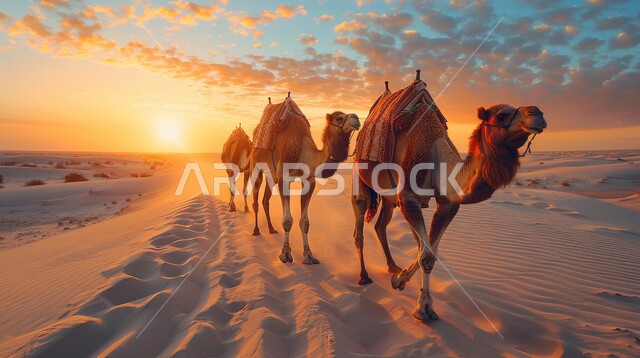 التنقل في صحارى المملكة العربية السعودية باستخدام حيوان الجمل وقت غروب الشمس، قافلة من الإبل تسير فوق الكثبان الرملية في الصحراء، المناظر الطبيعية والرمال الذهبية الناعمة، أماكن سياحية صحراوية