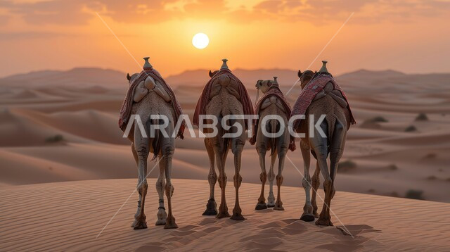 أماكن سياحية صحراوية, التنقل في صحارى المملكة العربية السعودية باستخدام حيوان الجمل وقت غروب الشمس، قافلة من الإبل تسير فوق الكثبان الرملية في الصحراء، المناظر الطبيعية والرمال الذهبية الناعمة, خلفية الطبيعه