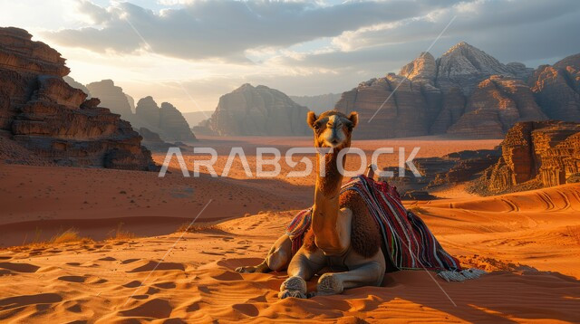 عراقة الإبل العربي السعودي, ناقة عربية أصيلة تجلس في الصحراء في وقت النهار, تربية حيوان الابل والاعتناء به, حياة الجمال في البيئة الصحراوية, رعاية المواشي والثدييات, الرمال الذهبية الناعمه