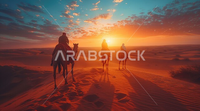 A caravan of camels walking over sand dunes in the desert, landscapes and soft golden sand, moving in the deserts of the Kingdom of Saudi Arabia using a camel during the day, desert tourist places, nature background