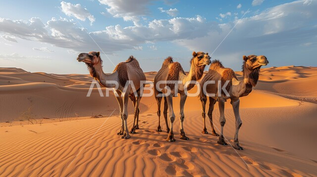 قافلة من الإبل تسير فوق الكثبان الرملية في الصحراء، المناظر الطبيعية والرمال الذهبية الناعمة، التنقل في صحارى المملكة العربية السعودية باستخدام حيوان الجمل وقت غروب الشمس، أماكن سياحية صحراوية, خلفية الطبيعه