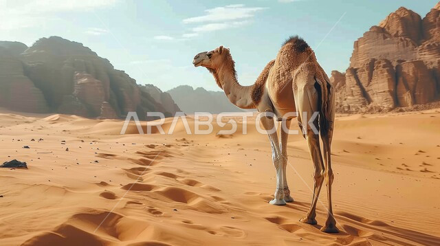 رعاية المواشي والثدييات, ناقة عربية أصيلة تقف في الصحراء في وقت النهار, تربية حيوان الابل والاعتناء به, حياة الجمال في البيئة الصحراوية, عراقة الإبل العربي السعودي, الرمال الذهبية الناعمه
