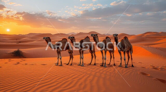 قافلة من الإبل تسير فوق الكثبان الرملية في الصحراء، المناظر الطبيعية والرمال الذهبية الناعمة، التنقل في صحارى المملكة العربية السعودية باستخدام حيوان الجمل وقت غروب الشمس، أماكن سياحية صحراوية, خلفية الطبيعه