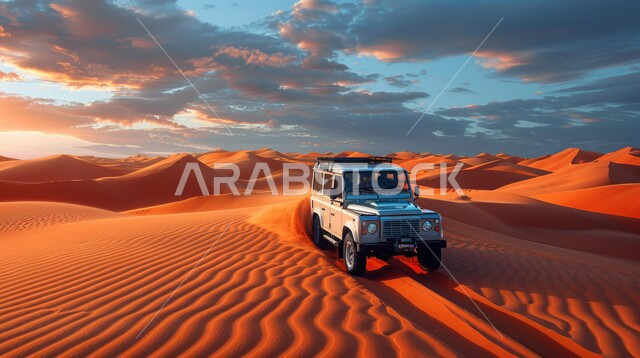 سيارة لاند روفر ديفندر وسط الصحراء، نشاط صحراوي ممتع, مغامرات سفاري على الكثبان الرملية، الاستمتاع بالمغامرات الشيقة و الهوايات والأنشطة الترفيهية في المناطق و البيئة الصحراوية في السعودية