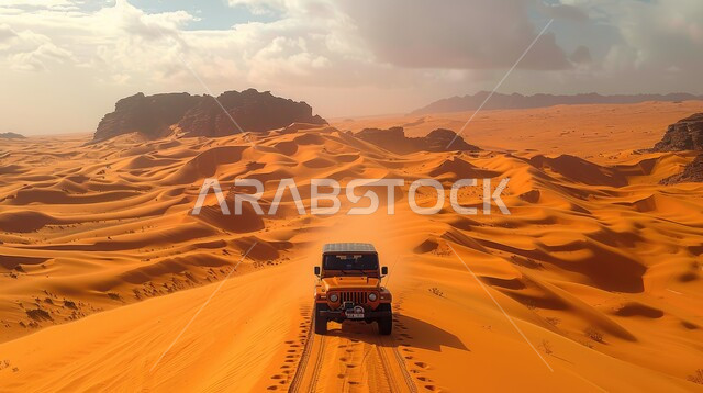 سيارة ماهيندرا ثار وسط الصحراء، نشاط صحراوي ممتع, مغامرات سفاري على الكثبان الرملية، الاستمتاع بالمغامرات الشيقة و الهوايات والأنشطة الترفيهية في المناطق و البيئة الصحراوية في السعودية