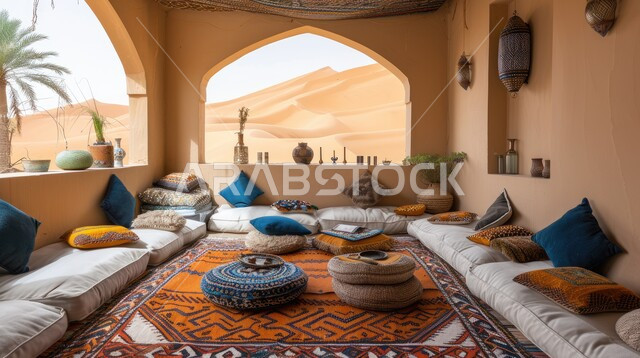 الهندسة المعمارية على الطراز التراثي القديم، ديوان عربي تقليدي يضم وسائد مريحة وطاولات منخفضة، الديكورات والتصاميم للتحف والاكسسوارات شعبية, خلفية المناطق الصحراوية