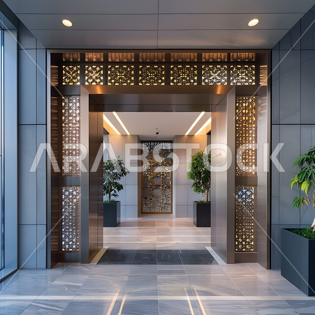 مدخل لمبنى فخم بتصميم متميز، الفن الهندسي المعماري للمباني على الطراز الحديث، الشقق والفلل السكنية الراقية في المملكة العربية السعودية، التصاميم والديكورات الفاخرة للمداخل