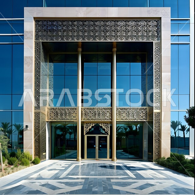 الفن الهندسي المعماري للمباني على الطراز الحديث، مدخل لمبنى فخم بتصميم متميز، الشقق والفلل السكنية الراقية في المملكة العربية السعودية، التصاميم والديكورات الفاخرة للمداخل
