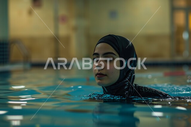 الاستجمام واالاستمتاع بالعطلة، التقوية الجسدية والحفاظ على اللياقة البدنية، التدرب على رياضة السباحة في مسابح السعودية، ممارسة التمارين الرياضية في النادي الرياضي، شابة عربية خليجية سعودية محجبة تقضي أوقات ممتعة بالمسبح