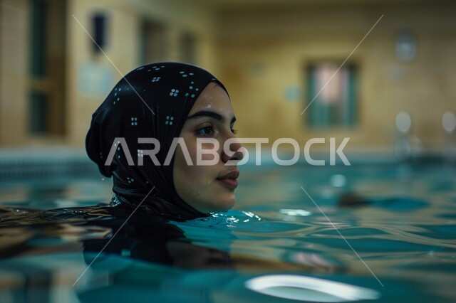 الاستمتاع والاستجمام بالعطلة، التقوية الجسدية والحفاظ على اللياقة البدنية، التدرب على رياضة السباحة في مسابح السعودية، ممارسة التمارين الرياضية في النادي الرياضي، شابة عربية خليجية سعودية محجبة تقضي أوقات ممتعة بالمسبح