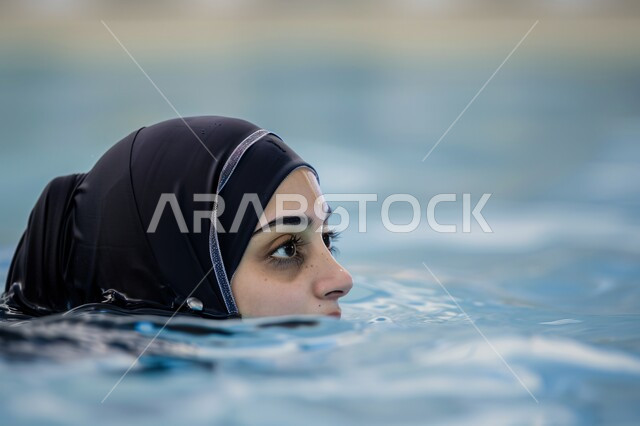 Exercising in the gym, enjoying and relaxing on vacation, maintaining physical fitness and strengthening the body, training in swimming in Saudi pools, a veiled Saudi Gulf Arab young woman spending fun times in the pool