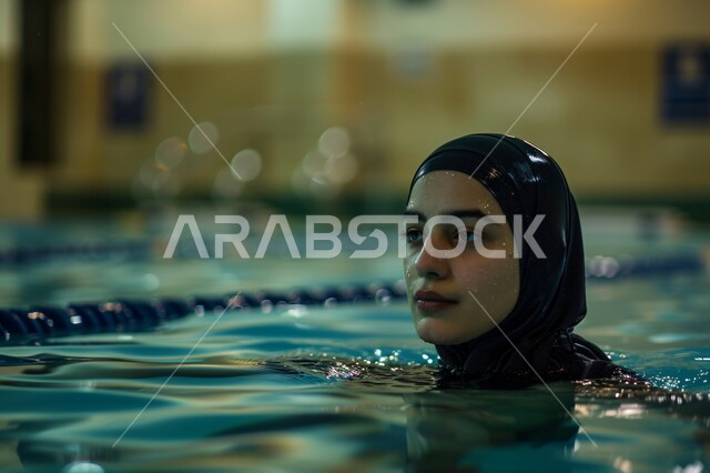 الحفاظ على اللياقة البدنية والتقوية الجسدية، التدرب على رياضة السباحة في مسابح السعودية، شابة عربية خليجية سعودية محجبة تقضي أوقات ممتعة بالمسبح، الاستجمام و الاستمتاع بالعطلة، ممارسة التمارين الرياضية في النادي الرياضي