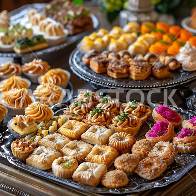 سفرة مليئة باطباق من الحلويات اللذيذة بالفستق والمكسرات، كرم الضيافة في السعودية، وصفات الأطعمة العربية الشرقية، أكلات غنية بالسكريات والسعرات الحرارية، ضيافة الأعياد والمناسبات في المملكة، منتجات محلية وطنية