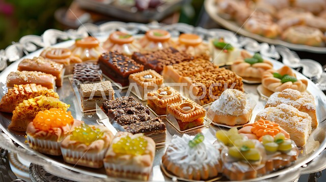 وصفات الأطعمة العربية الشرقية، أكلات غنية بالسكريات والسعرات الحرارية، ضيافة الأعياد والمناسبات في المملكة، صورة مقربة لطبق من الحلويات اللذيذة بالفستق والمكسرات، كرم الضيافة في السعودية، منتجات محلية وطنية