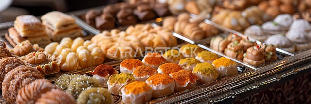 سفرة مليئة باطباق من الحلويات اللذيذة بالفستق والمكسرات، كرم الضيافة في السعودية، وصفات الأطعمة العربية الشرقية، أكلات غنية بالسكريات والسعرات الحرارية، ضيافة الأعياد والمناسبات في المملكة، منتجات محلية وطنية