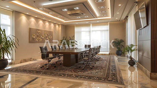 Spacious meeting room with table surrounded by chairs, office rooms with luxurious interior designs and decorations, modern contemporary design of offices in Saudi companies, windows and glass facades