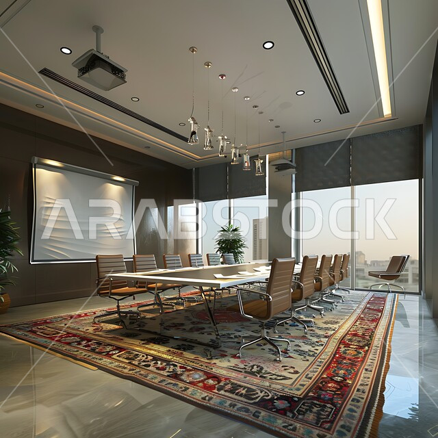 Spacious meeting room with table surrounded by chairs, office rooms with luxurious interior designs and decorations, modern contemporary design of offices in Saudi companies, windows and glass facades