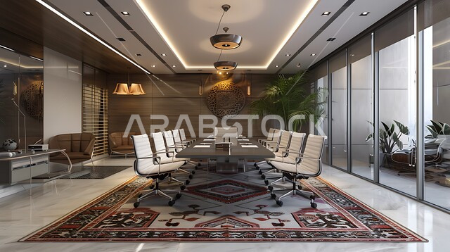 غرف مكتبية بتصاميم وديكورات داخلية فخمة، التصميم العصري الحديث للمكاتب في الشركات السعودية، غرفة اجتماعات واسعة مع طاولة محاطة بكراسي، النوافذ والواجهات الزجاجية