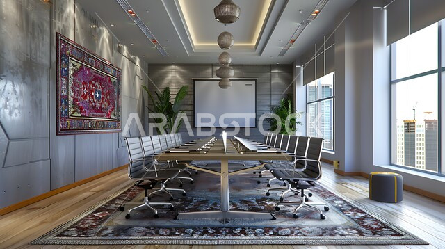 غرفة اجتماعات واسعة مع طاولة محاطة بكراسي، غرف مكتبية بتصاميم وديكورات داخلية فخمة، التصميم العصري الحديث للمكاتب في الشركات السعودية، النوافذ والواجهات الزجاجية