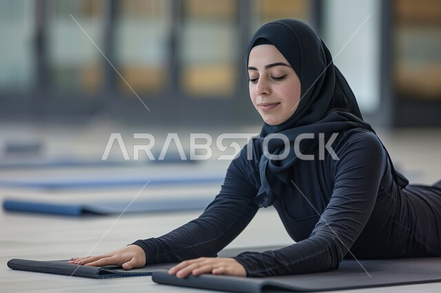 الحفاظ على اللياقة والصحة البدنية، التدرب على الهدوء وتمالك النفس، الشعور بالراحة و الاسترخاء، الاستمتاع في قضاء الوقت بالتأمل، متابعة تمارين اليوغا في النادي الرياضي، شابة عربية خليجية سعودية تقوم بممارسة اليوغا