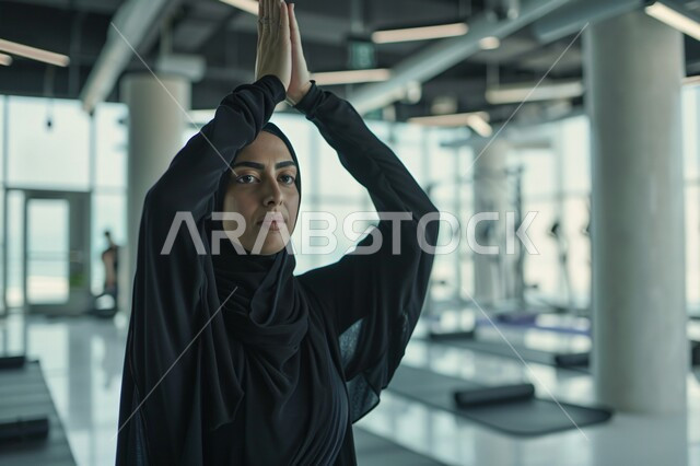 المحافظة على اللياقة والصحة البدنية، التدرب على الهدوء وتمالك النفس، الشعور بالراحة و الاسترخاء، الاستمتاع في قضاء الوقت بالتأمل، متابعة تمارين اليوغا في النادي الرياضي، شابة عربية خليجية سعودية تقوم بممارسة اليوغا
