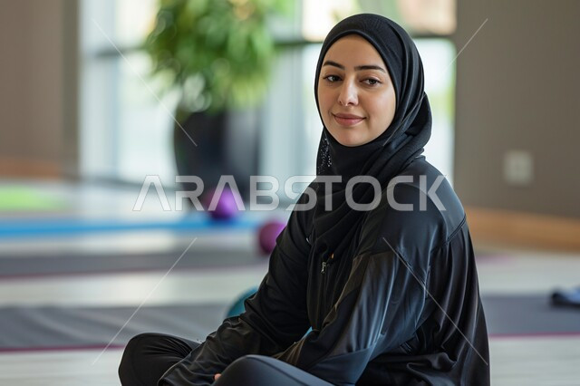 Practicing calm and self-control, feeling comfortable and relaxed, enjoying spending time meditating, following yoga exercises at the gym, maintaining fitness and physical health, a young Saudi Arabian Gulf woman practicing yoga