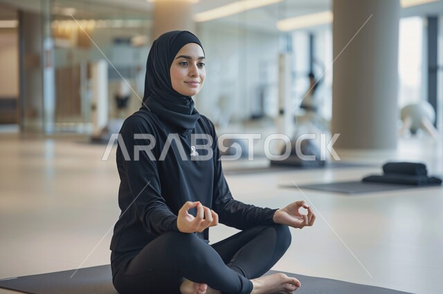 الشعور بالراحة و الاسترخاء، الاستمتاع في قضاء الوقت بالتأمل، متابعة تمارين اليوغا في النادي الرياضي، التدرب على الهدوء وتمالك النفس، المحافظة على اللياقة والصحة البدنية، شابة عربية خليجية سعودية تقوم بممارسة اليوغا