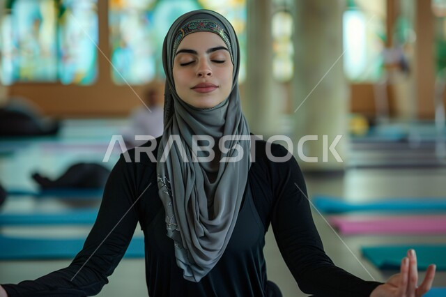  الاسترخاء والشعور بالراحة، الاستمتاع في قضاء الوقت بالتأمل، متابعة تمارين اليوغا في النادي الرياضي، التدرب على الهدوء وتمالك النفس، المحافظة على اللياقة والصحة البدنية، شابة عربية خليجية سعودية تقوم بممارسة اليوغا