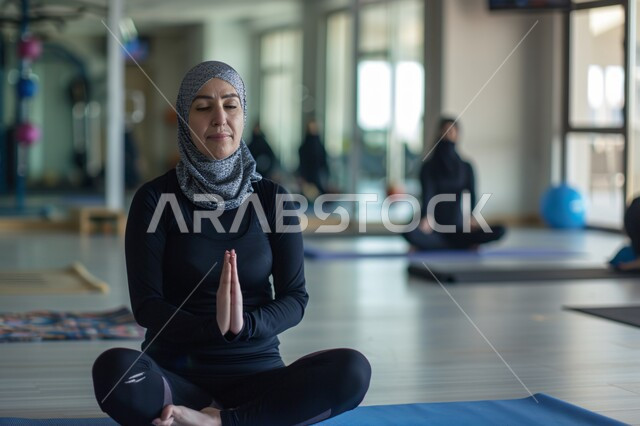  الاستمتاع في قضاء الوقت بالتأمل، متابعة تمارين اليوغا في النادي الرياضي،الاسترخاء والشعور بالراحة، التدرب على الهدوء وتمالك النفس، المحافظة على اللياقة والصحة البدنية، شابة عربية خليجية سعودية تقوم بممارسة اليوغا