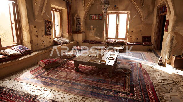 ديوان عربي يضم وسائد مريحة وطاولات منخفضة، الفن الهندسي المعماري على الطراز التراثي القديم، الاكسسوارات والتحف بتصاميم وديكورات شعبية،  أثاث منزلي ومجالس عربية تقليدية