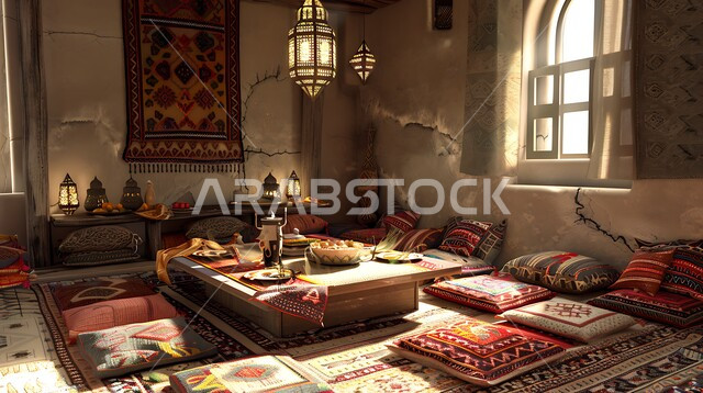 Accessories and antiques with popular designs and decorations, an Arabic diwan with comfortable cushions and low tables, architectural art in the old heritage style, home furniture and traditional Arabic sitting rooms